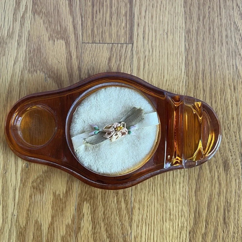 Apollo Studios Antique 24k Gold‎ Amber Glass Vanity Compact Powder Box